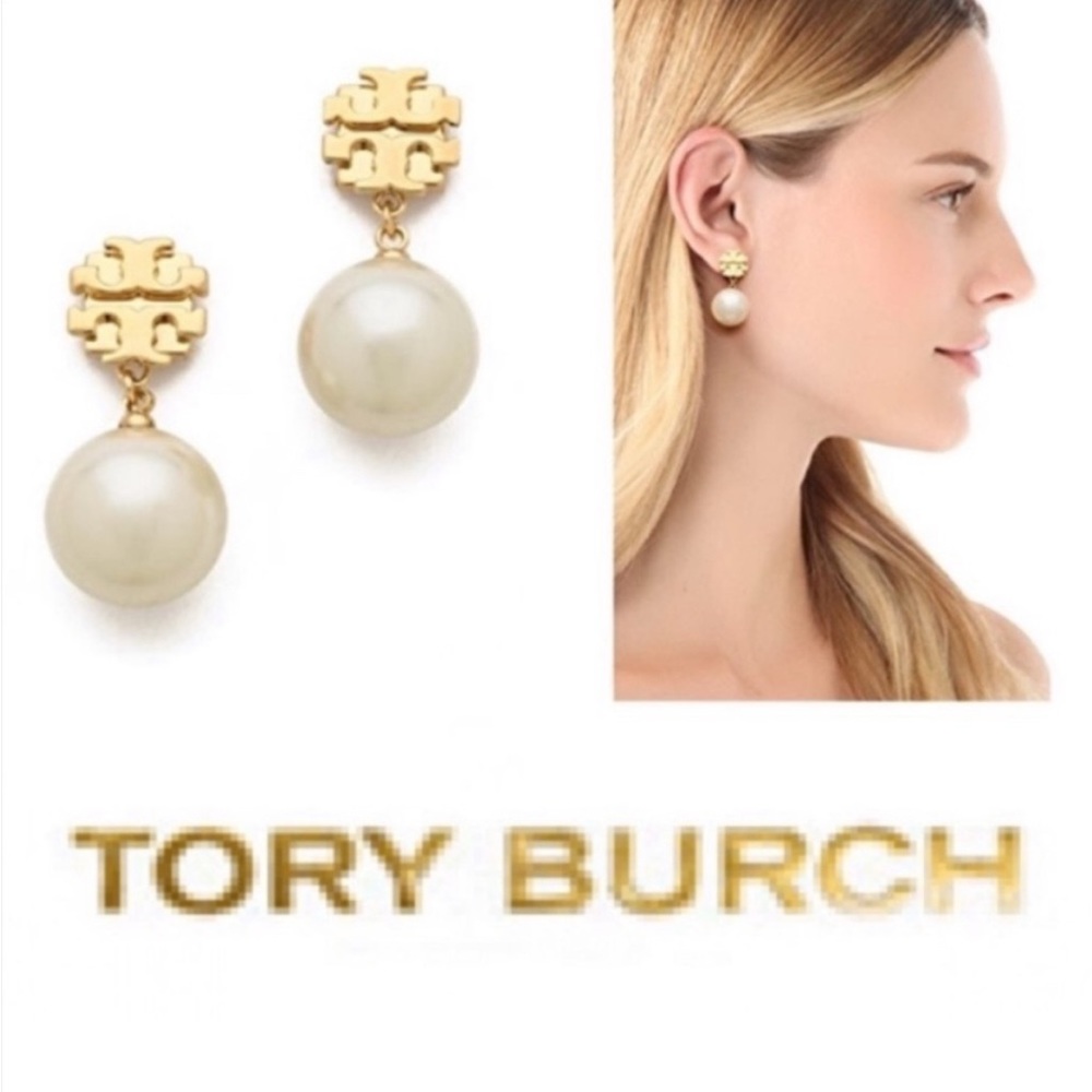 Tory Burch Authentic NWT RARE Luxury Minimalist Wedding logo pearl drop earrings